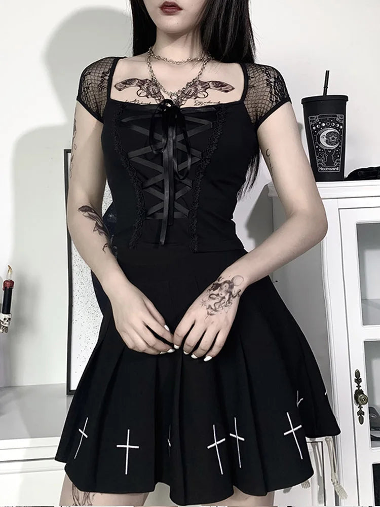 Vintage Tops Goth T-shirt Women Bodycon Bandage Lace Black T-shirts