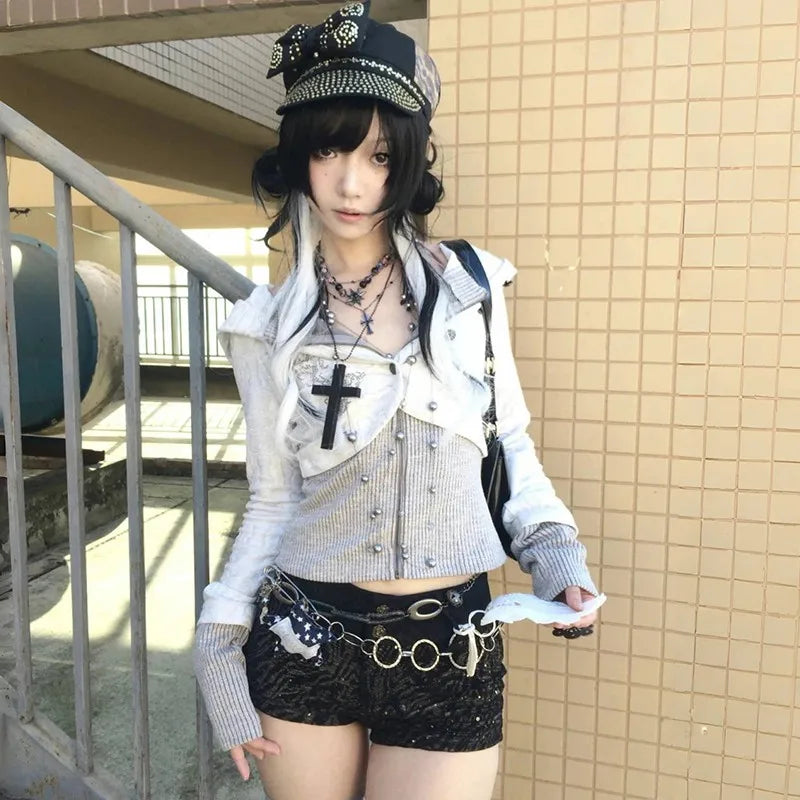 Karrram Japanese Y2k Fake Two-piece Knitted Tops Trashy 2000s Hooded