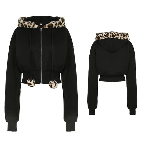 Cuteandpsycho Zip Up Fur Neck Hoodie Coats Fashion Slim Solid Y2K