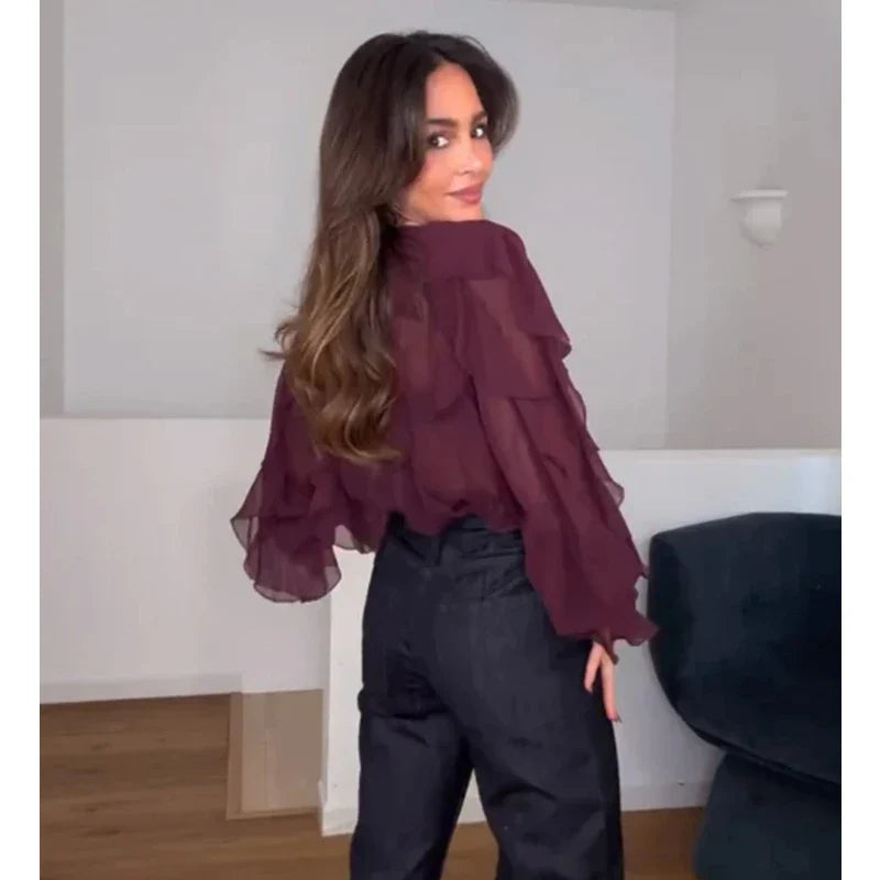 MUJER Ruffle Womens Blouses Semi Sheer Casual Blouses Woman Spring