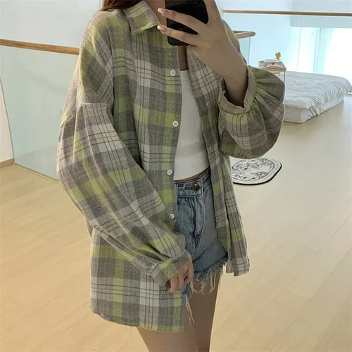 Plaid Shirt Women Autumn Long Sleeve Top Female Vintage Fashion Single