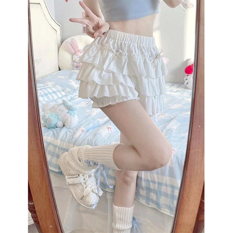 MEXZT Y2K Sweet Ruffles Mini Skirt Women Kawaii Lolita Bow A Line