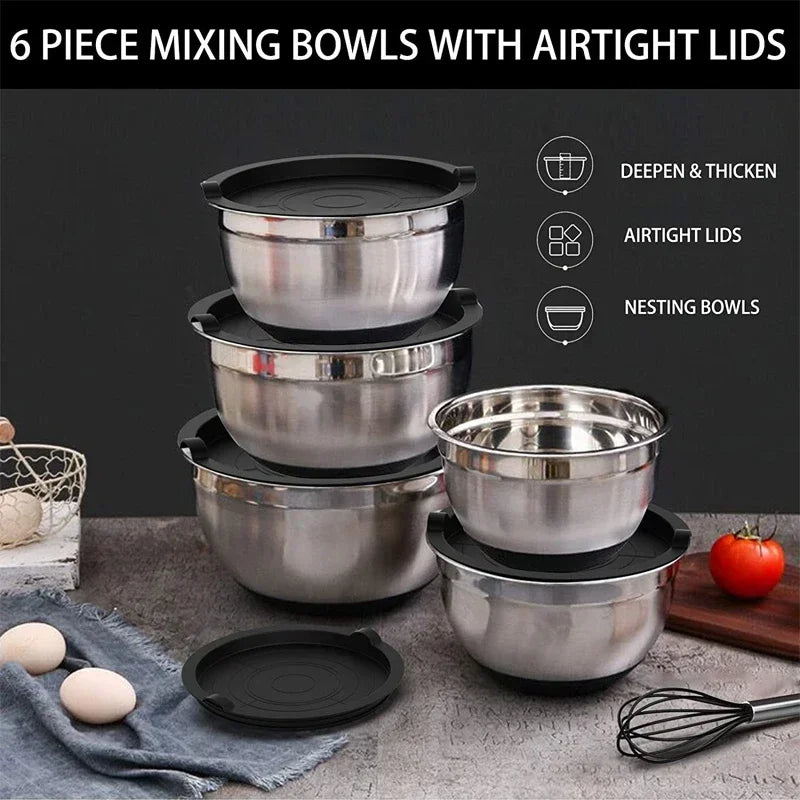 6-piece Set Mixing Bowls with Lids and Non Slip Bases Stainless Steel