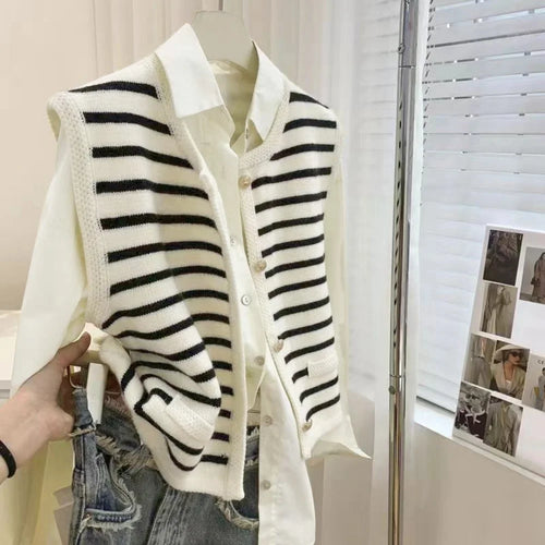 Korean Elegant Chic Knit Vest Stripe Casual Sweet Office Lady Cardigan