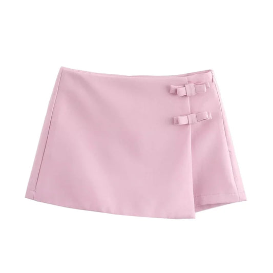 TRAF 2024 Pink White Mini Skirt Woman Fashion Bow Skort For Women