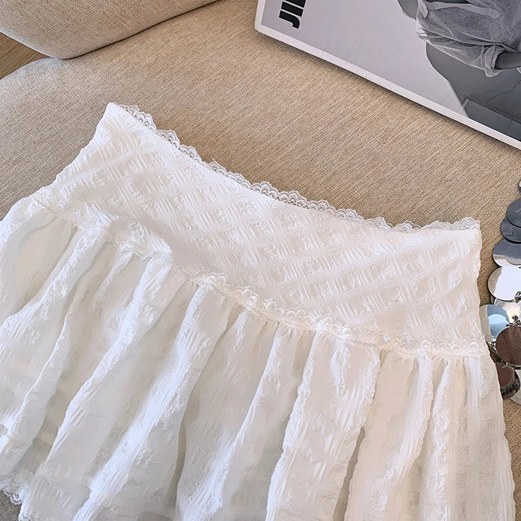 Balletcore Ruffled Mini Skirt with Lace Trim Low Rise Tiered White
