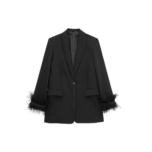 Willshela Women Fashion Satin Black With Feather Blazer Jacket Vintage