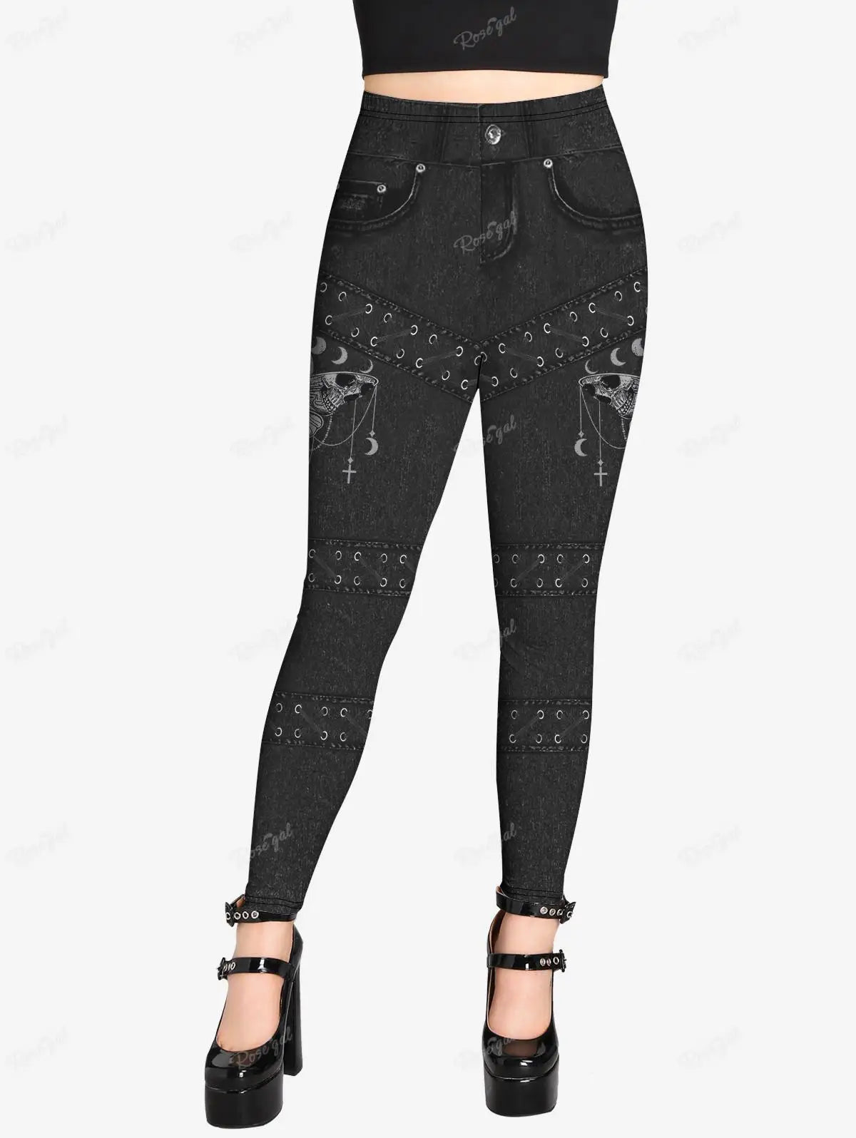 ROSEGAL Plus Size Gothic Leggings 3D Butterfly Jean Lace-up Printed