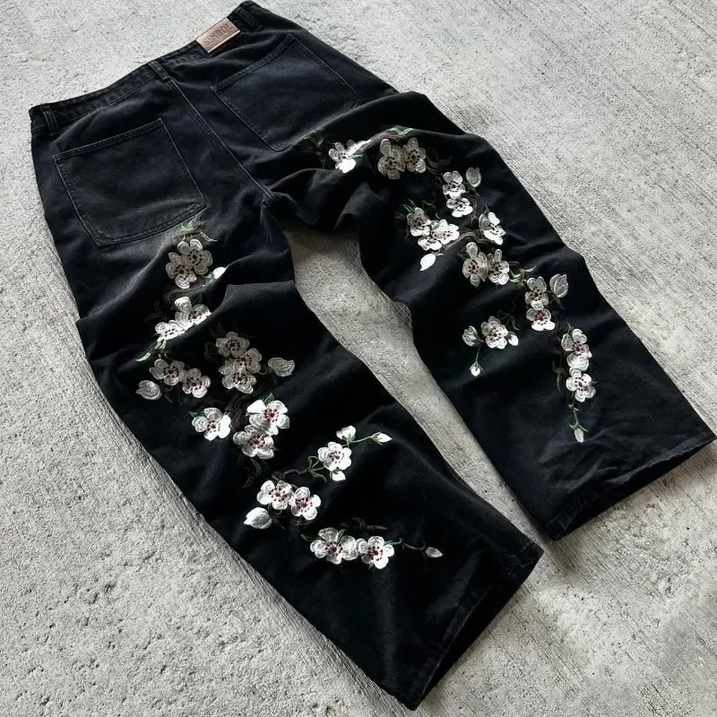 Y2K Baggy Jeans Harajuku vintage cherry blossom Embroidery high