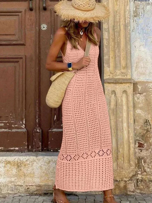 S - XL 2025 V Neck Hollow Out Crochet Knitted Tunic Beach Cover Up