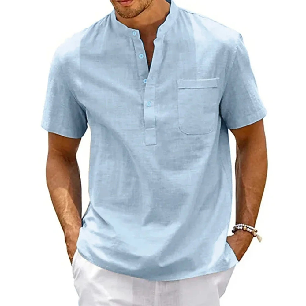 Cotton Linen Shirt Men Henley Neck Pocket Casual Beach Short Sleeve