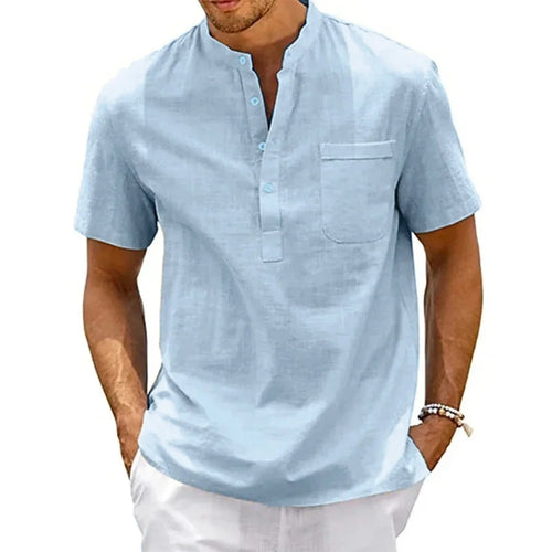 Cotton Linen Shirt Men Henley Neck Pocket Casual Beach Short Sleeve