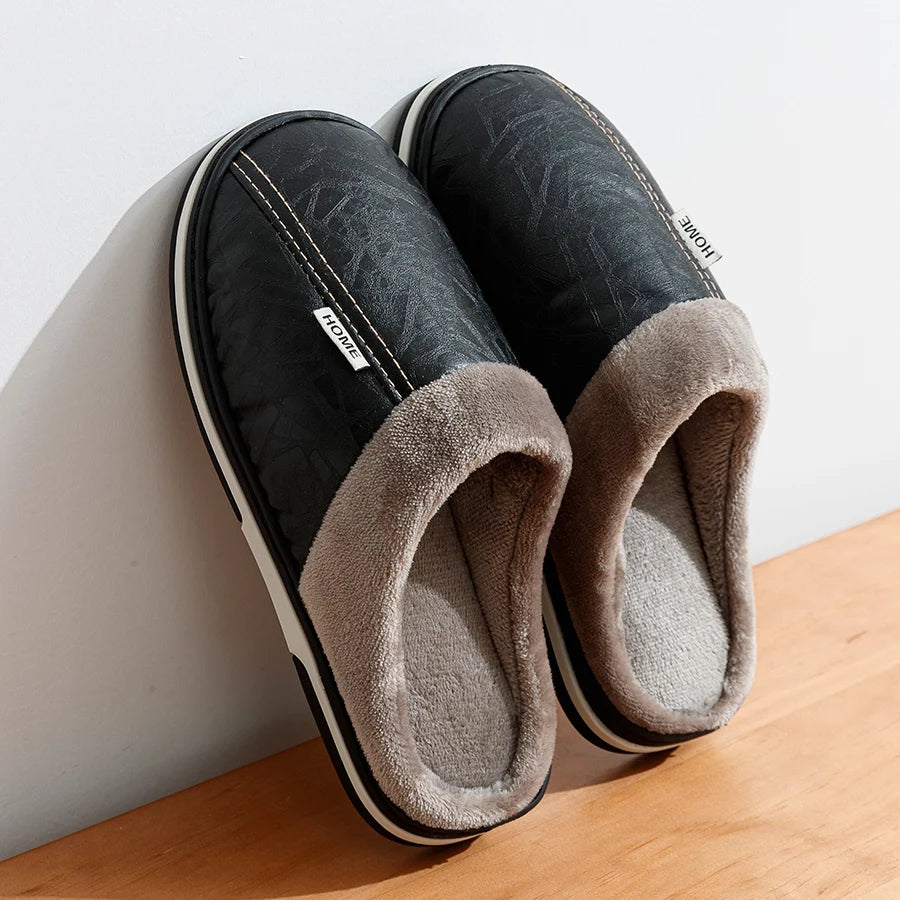 Big Size Winter Casual Men's Slippers Indoor Waterproof PU Leather