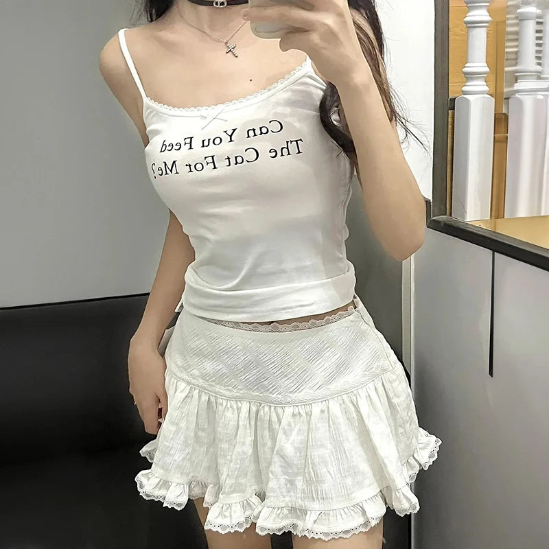 Balletcore Ruffled Mini Skirt with Lace Trim Low Rise Tiered White
