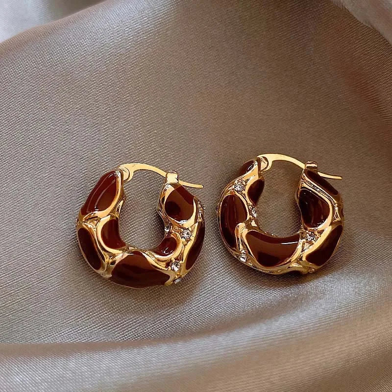 New Trendy Enamel Color Metal Texture Small Hoop Earrings for Women