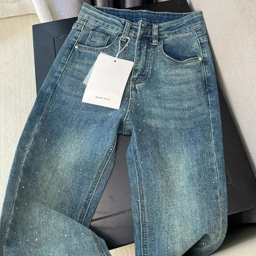 Retro Washed Diamond-encrusted Jeans Women's Spring Design Sense