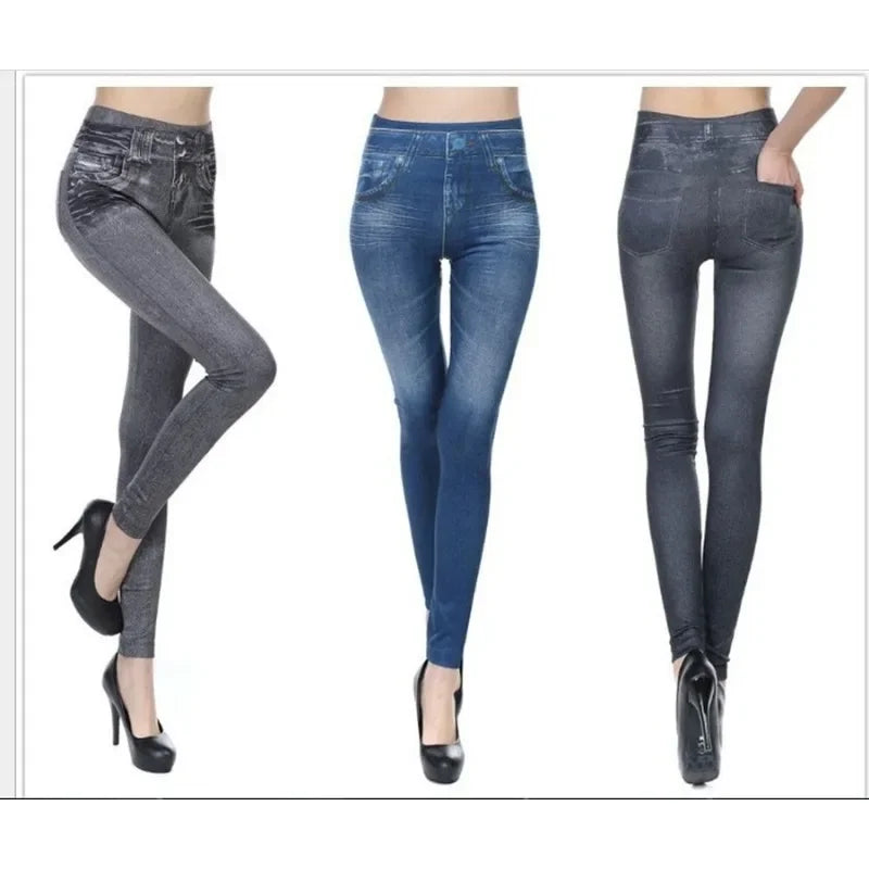 Women Leggings 2023 Fashion Faux Denim Jeans Leggings Sexy Long Pocket