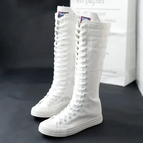 Canvas Long Boots for Women High Top Women Canvas Shoes Lace Up Knee