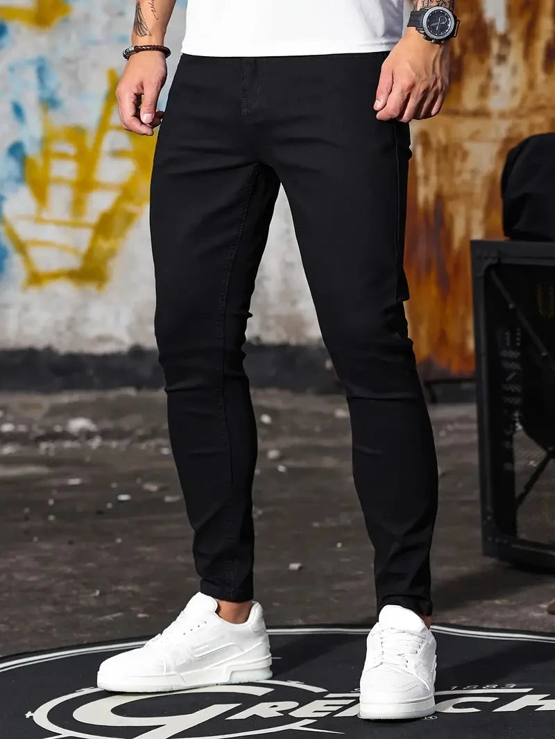 Man Pants Retro Washing Zipper Stretch Jeans Casual Slim Fit Trousers