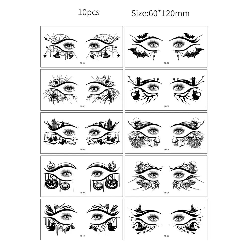 10pcs Halloween Facial Makeup Temporary Tattoo Stickers Waterproof Eye Decoration Tattoo