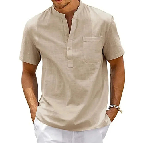 Cotton Linen Shirt Men Henley Neck Pocket Casual Beach Short Sleeve