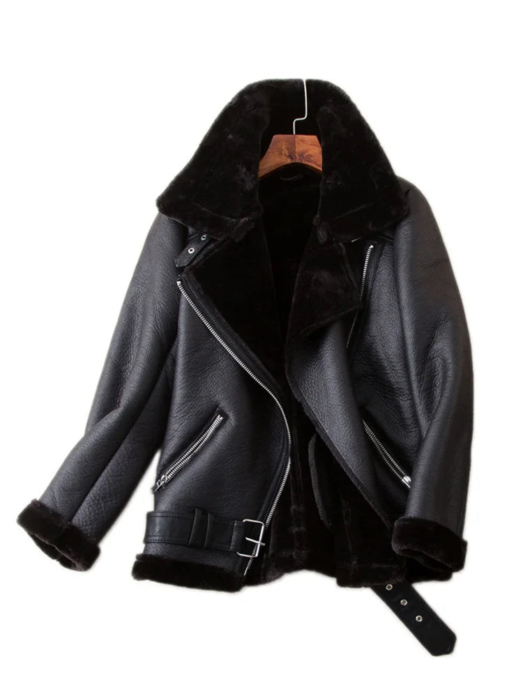 Ailegogo Winter Coats Women Thickness Faux Leather Fur Sheepskin
