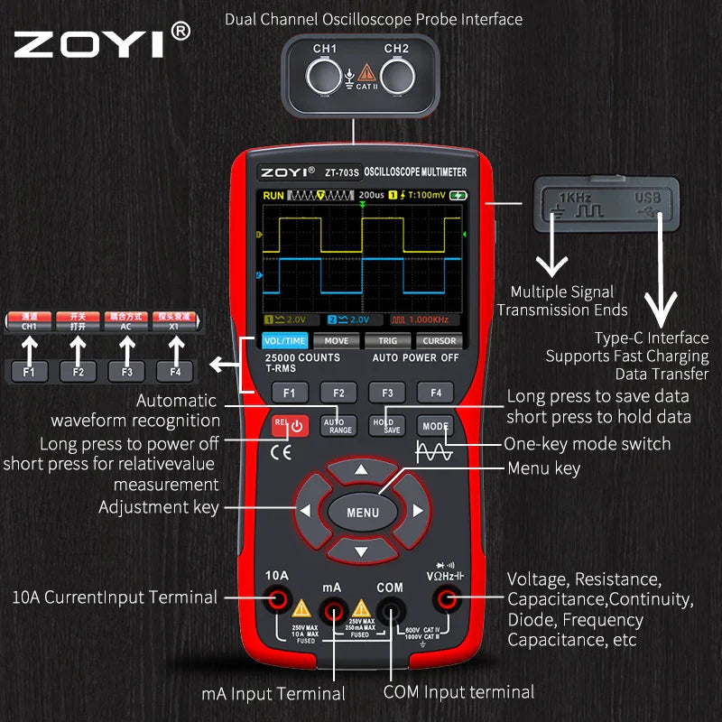 ZT-703S 3 in 1 Handheld Oscilloscope Automotive Dual Channel 50MHz