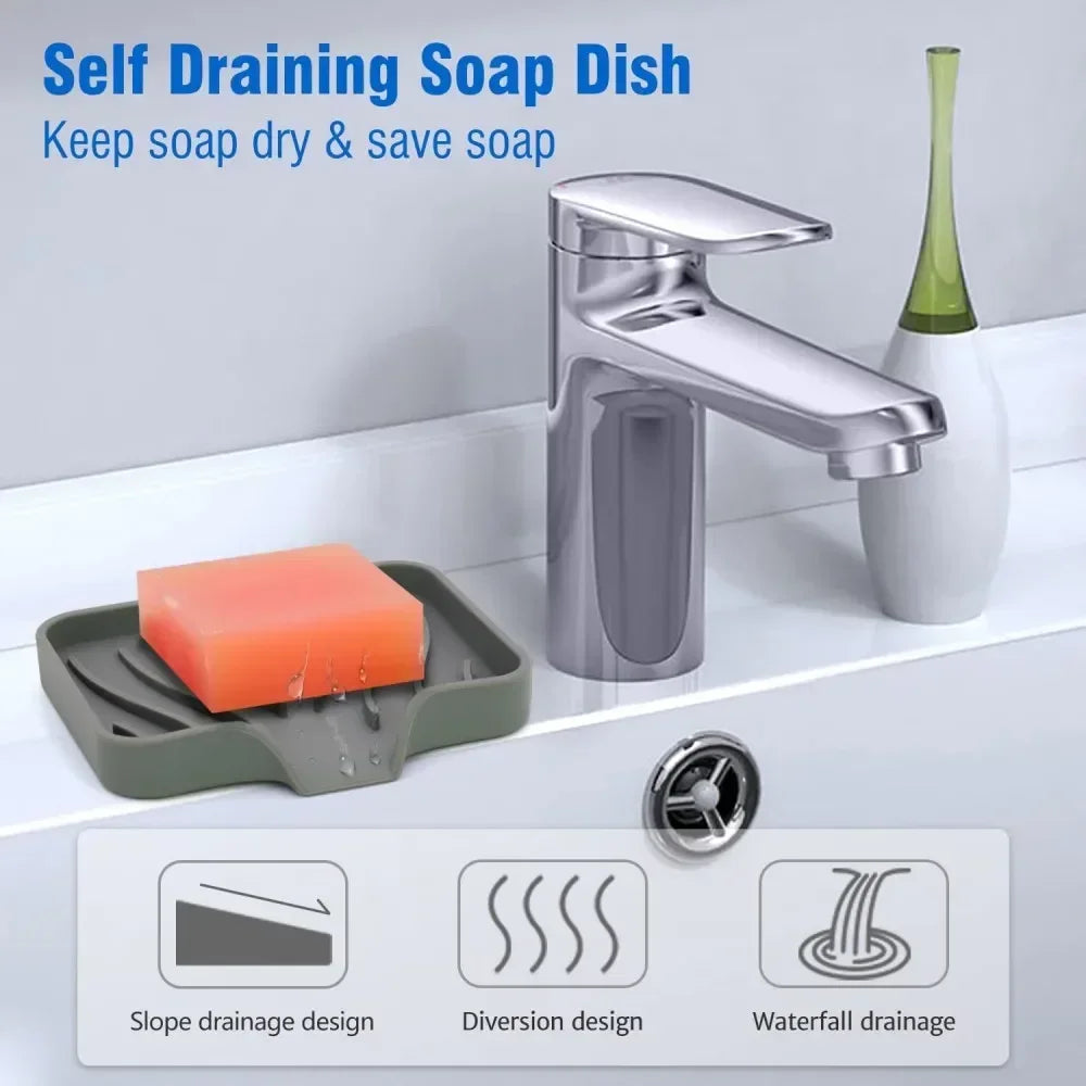 1-Pack Silicone Drain Soap Box Kitchen Bathroom Anti-slip Sink Tray