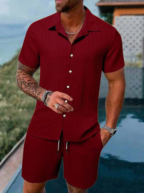 Men's beach suit striped solid color short sleeve shorts shirt Sports