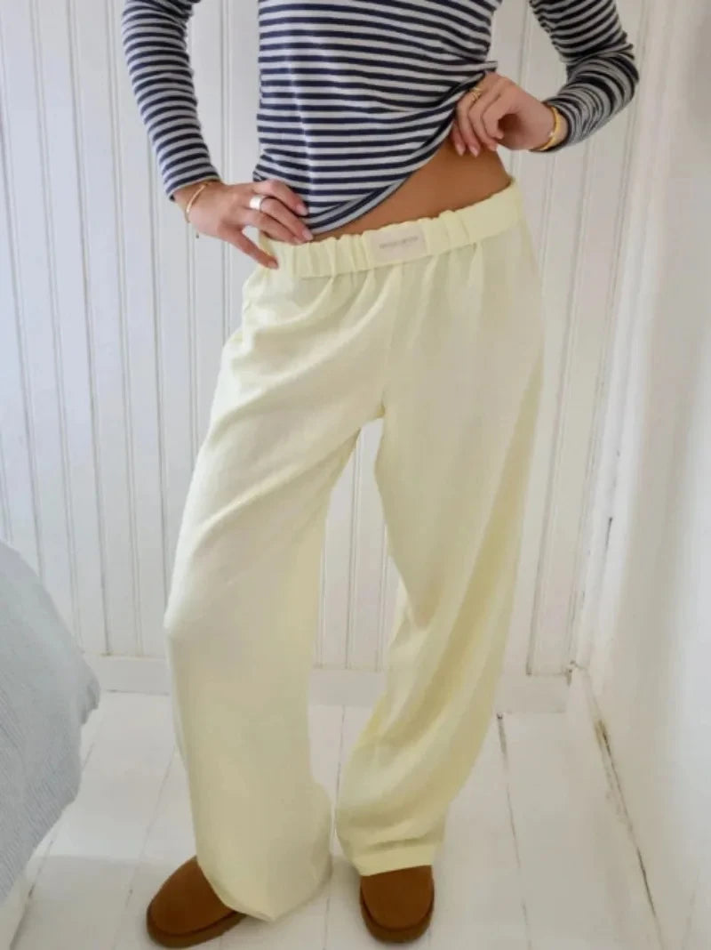 New Trendy Striped Print Long Pant Women Elastic Waist Drawstring Wide