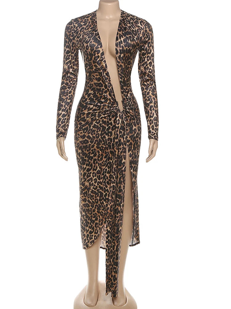 Beyprern Wild Leopard Print Deep Plunge Long Straps Metallic Maxi Dress Chic Women Animal Print Ruched Fitted Night Out Dress