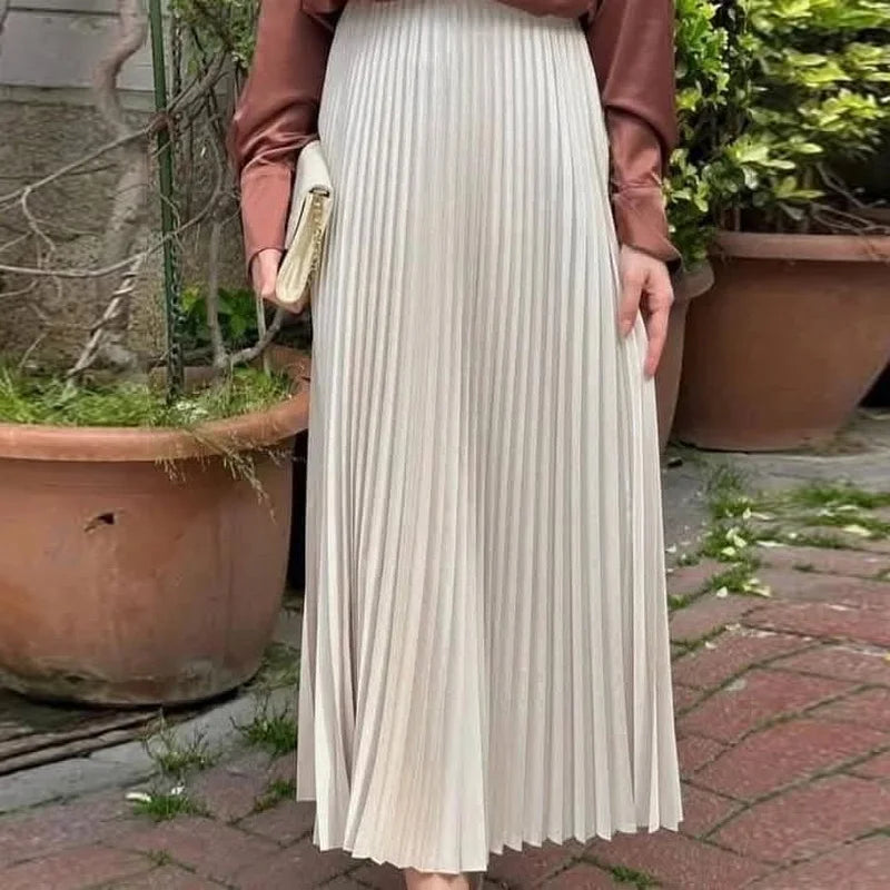 HXAO Women's Pleated Skirt Summer Brown Ruffle Skirt Cylinder Pleats