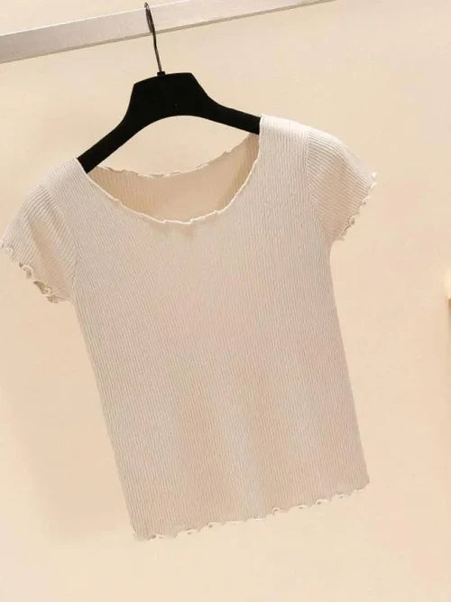 AOSSVIAO Vintage Wood ears O neck Short sleeve T-shirt 2024 New Woman