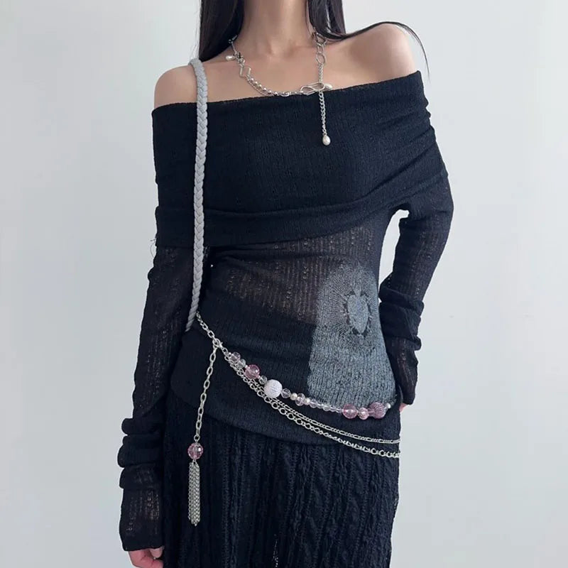 Rockmore Chic Retro One-Shoulder Printed Top Slim Thin Long Sleeve