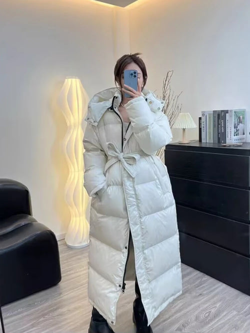 With Belt Women's Winter Down Jacket Long Puffer Coat White Duck Thick