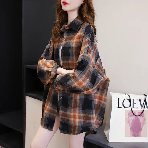 Plaid Shirt Women Autumn Long Sleeve Top Female Vintage Fashion Single