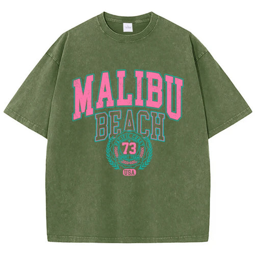 Malibu Beach Washed T-Shirt Women Letter Printing Cotton T Shirt