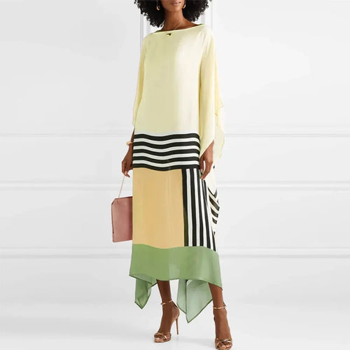 Candy Stripe Print Patchwork Kaftan Dresses Women’s Spring Round Neck