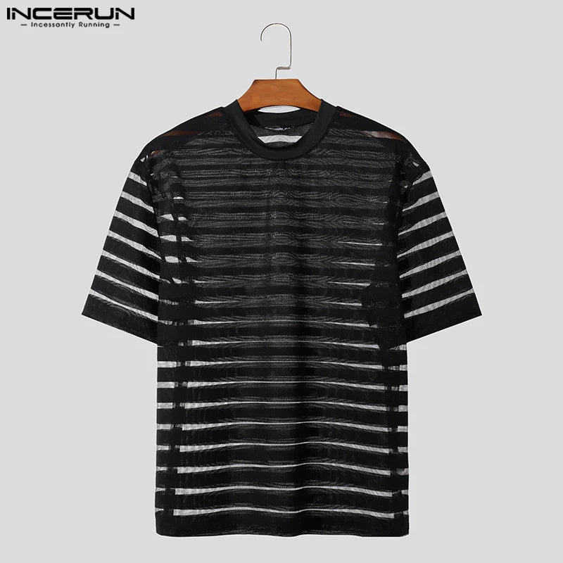 2023 Men T Shirt Mesh Striped O-neck Short Sleeve Transparent Men