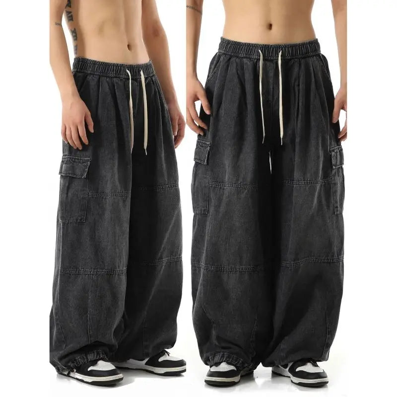 Y2k Black Baggy Cargo Jeans Trousers Men Streetwear Casual Hippie