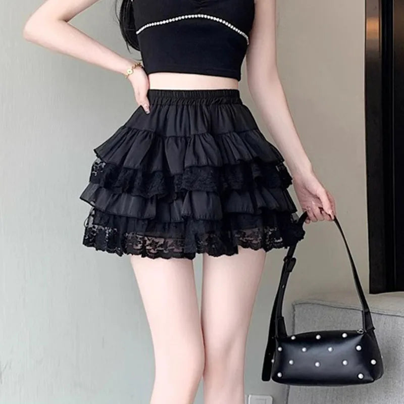 Elastic Gothic Lace Tutu Skirt Women Black Mesh Detail Petticoat Sexy