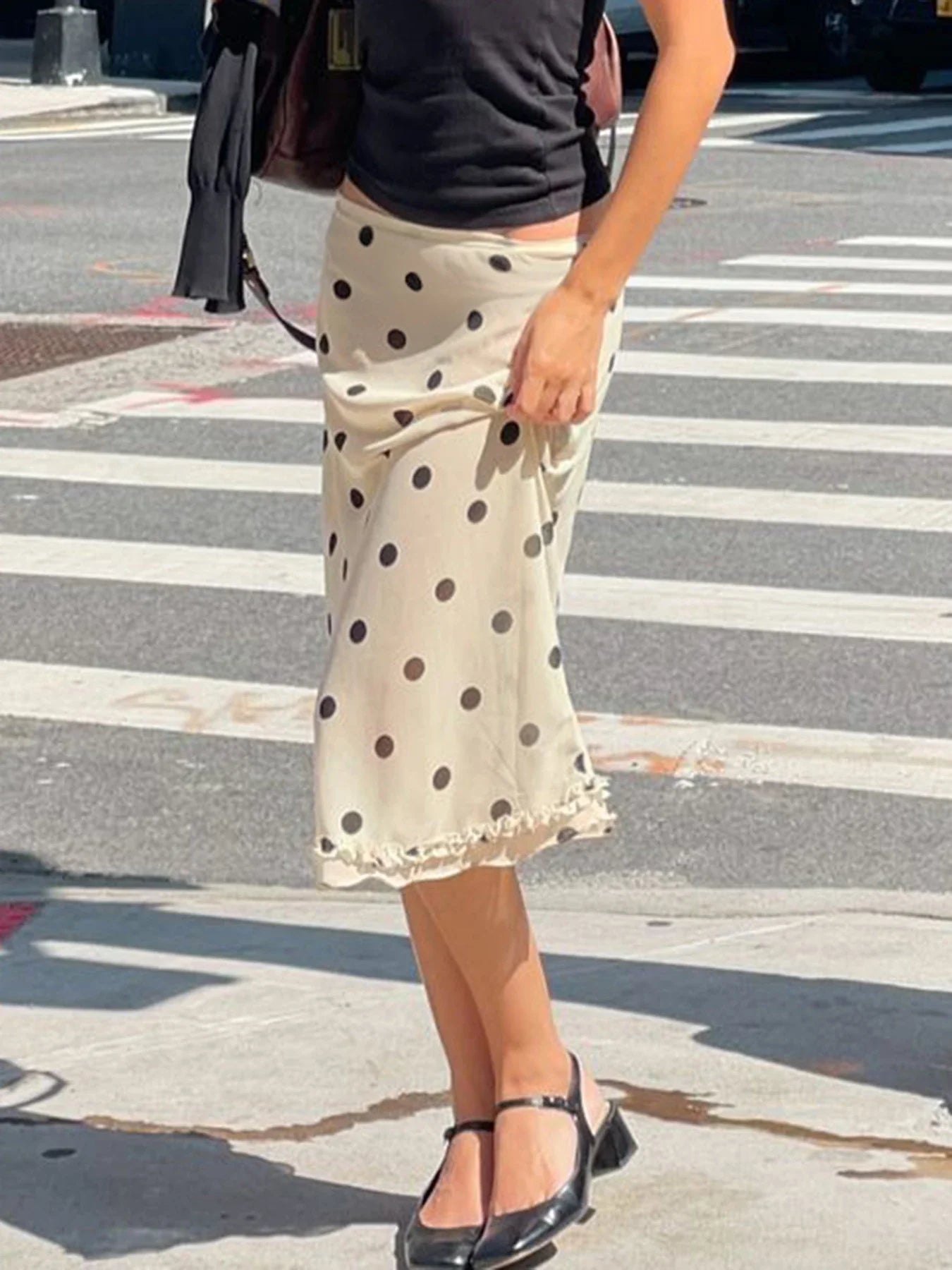 Elegant England Style Dot Print Women Mid-Length Skirt Edible Free