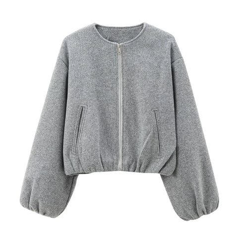 TRAF Outerwears Cropped Bomber Jacket Women Autumn Long Sleeve Faux