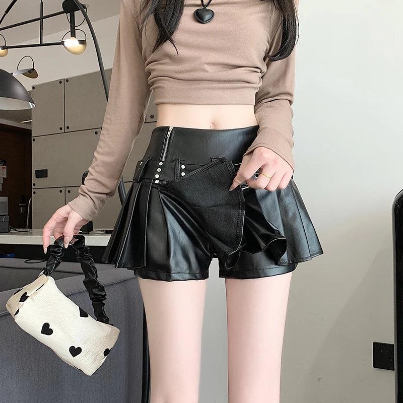 Women's Black Gothic A-line Pleated Leather Skirt Y2k Mini Shorts