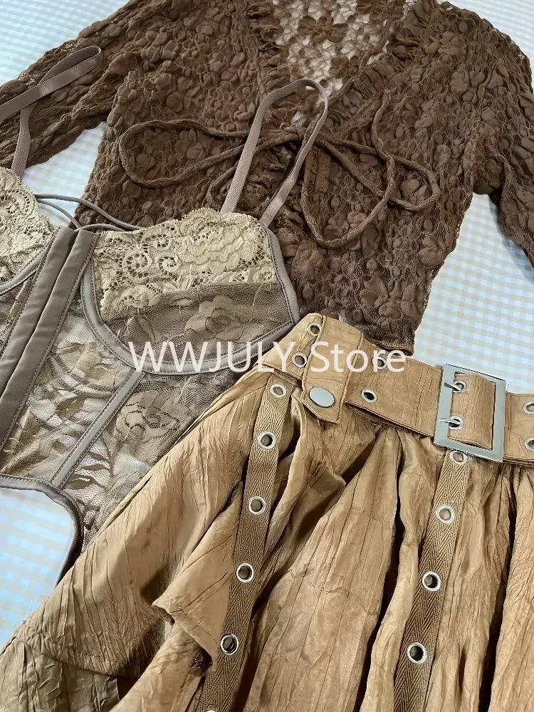 Harajuku Vintage Fashion 3 Piece Set Woman Short Cardigan + Slim Vest