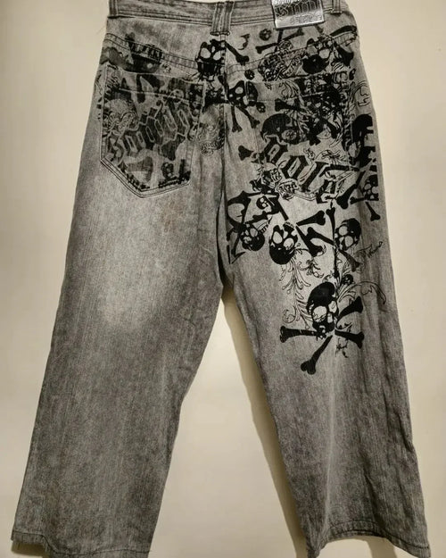 Y2K Men blue letter printed jeans high-end fashion hip-hop trend