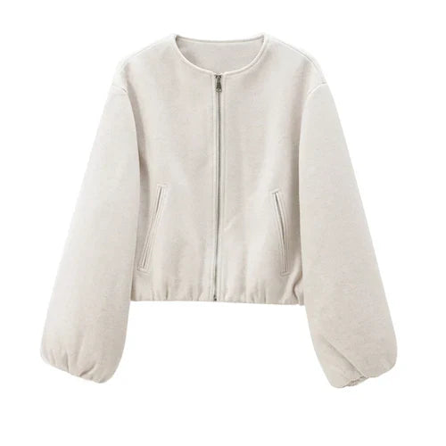 TRAF Outerwears Cropped Bomber Jacket Women Autumn Long Sleeve Faux