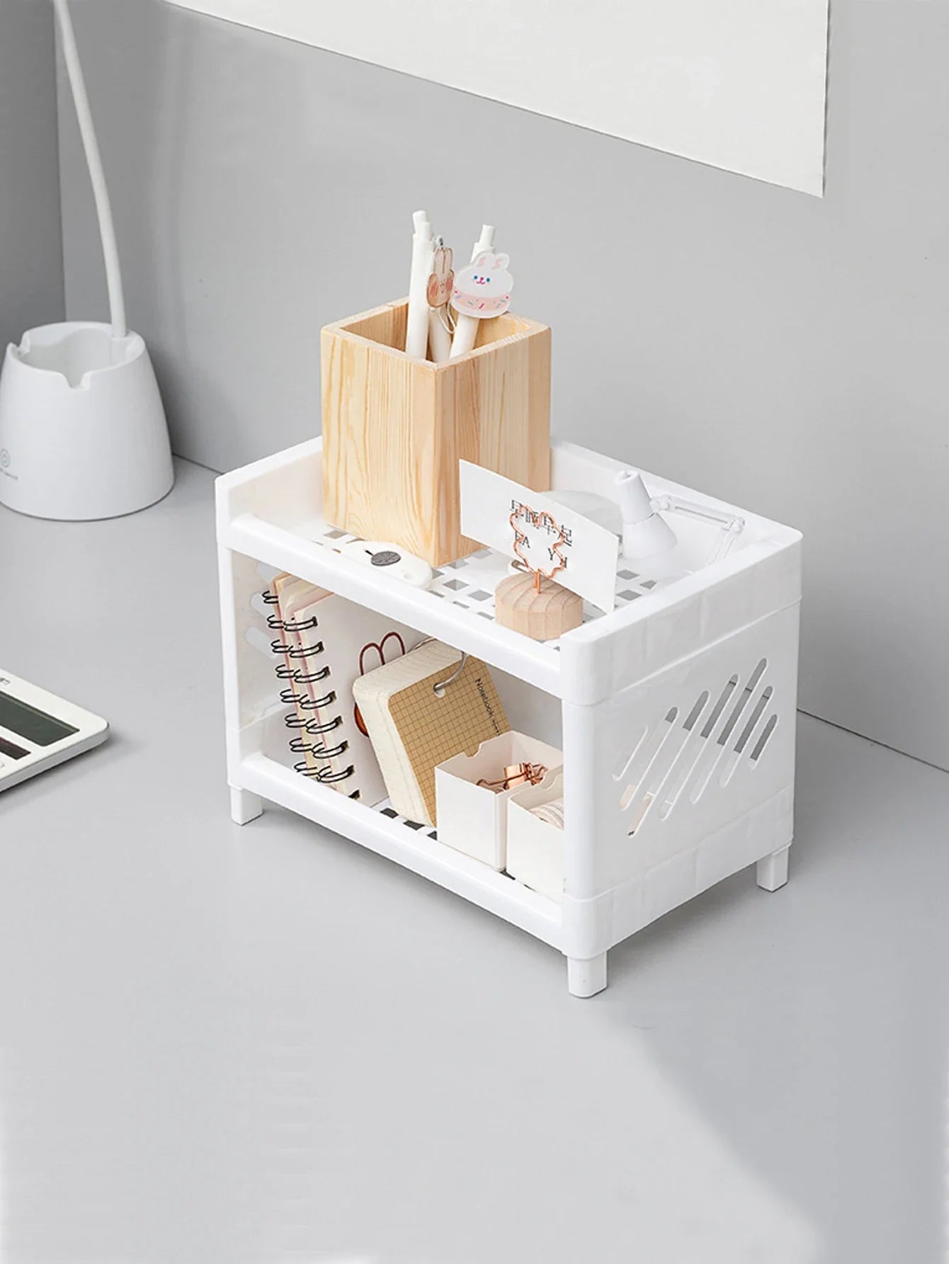 1PC PP Desktop Double Layer Storage Rack Rectangular White Organizing