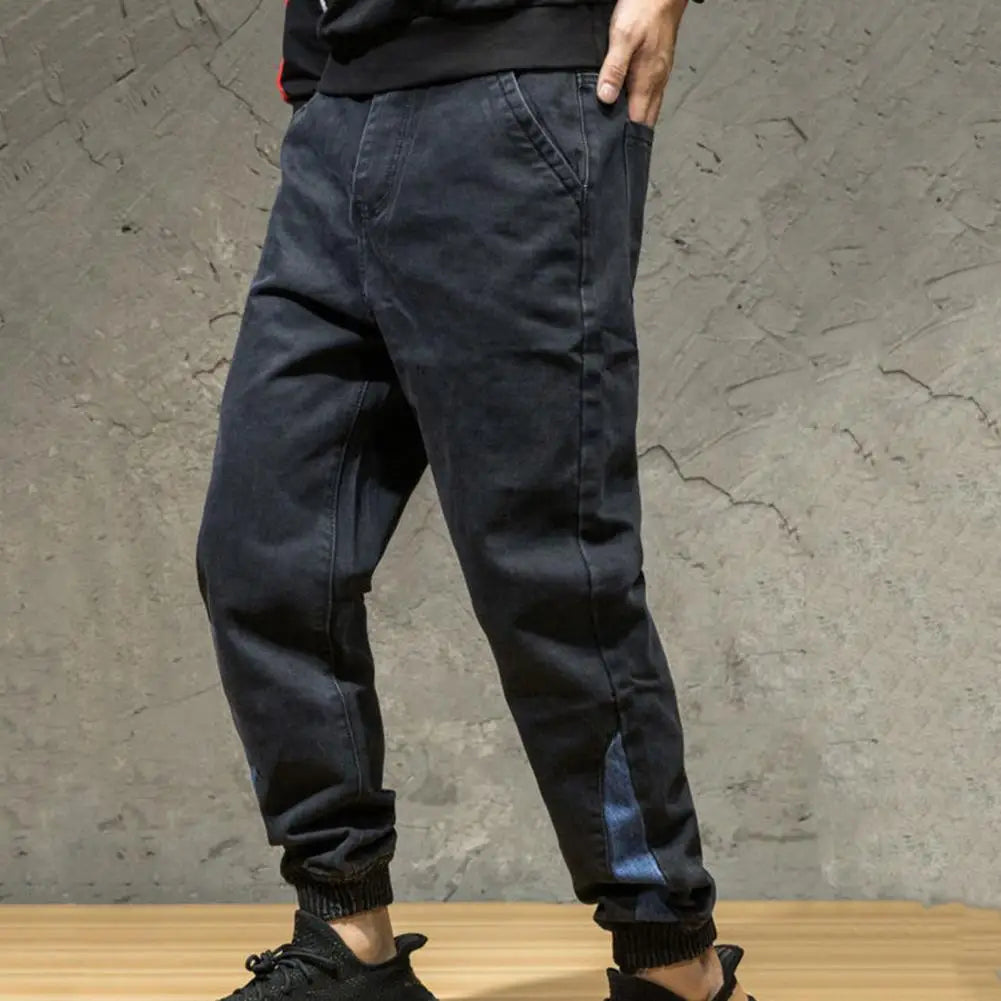 Loose Denim Pants Men Jeans Solid Color Drawstring Waist Harem Pants