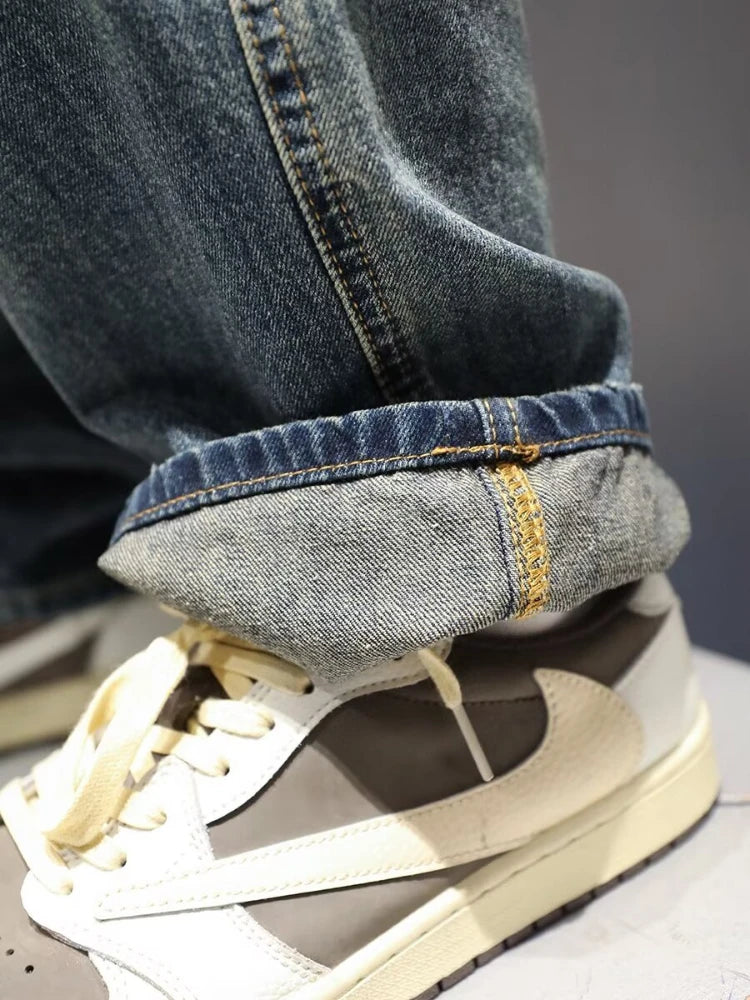 New Men's Ripped Jeans Baggy Straight Fashion Vintage Blue Denim Pants